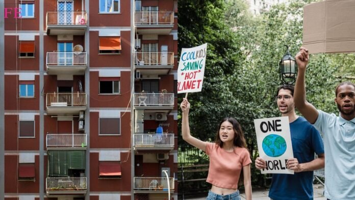 Desahucio en España: fachada de un edificio de viviendas con balcones y manifestantes con pancartas en una protesta