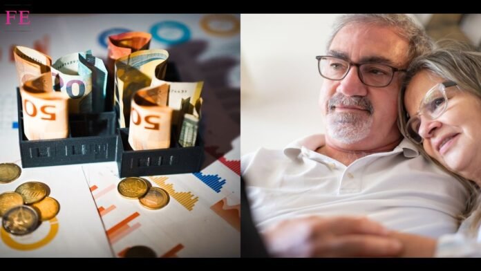Subida pensiones 2027: billetes y monedas de euro y una pareja de pensionistas